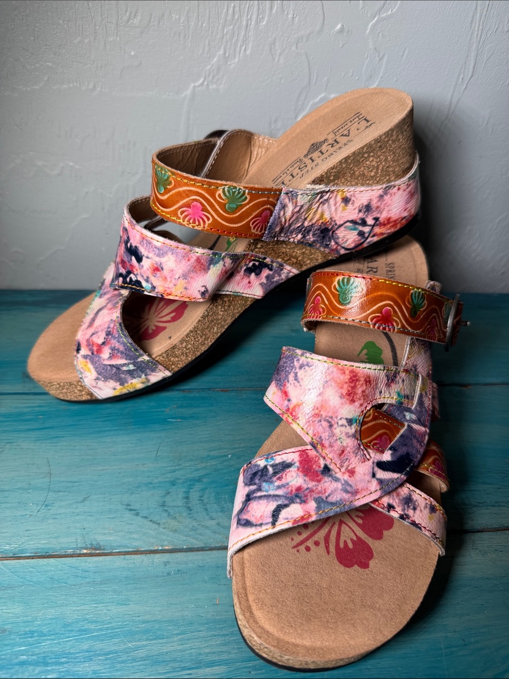 L'ATISTE Multicolor Patterned Cork Wedge Sandals